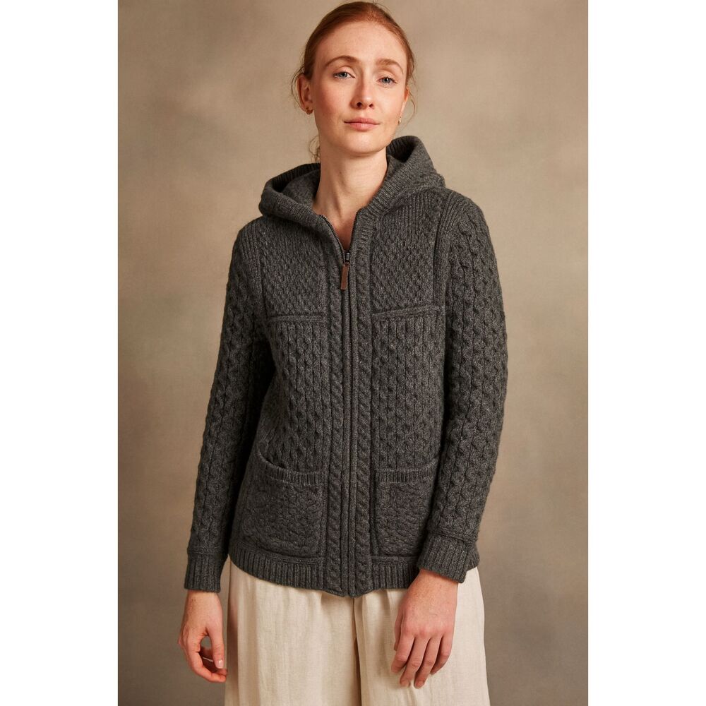 Arancrafts Gray Cable Merino Wool Full Zip Cardigan Hoodie   Women's Size Medium